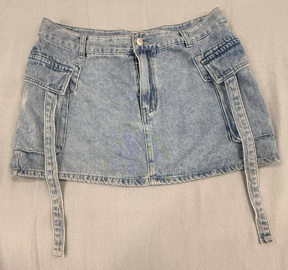 Womens Cargo Mini Skirt L Blue Denim Light Wash Utility Pockets Cyber Streetwear